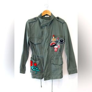 Essie Army Green Y2K military style cinched waist jacket coat Medium patches